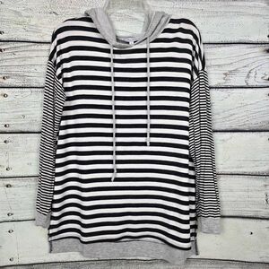 White Birch L Black White Striped Hoodie Top
